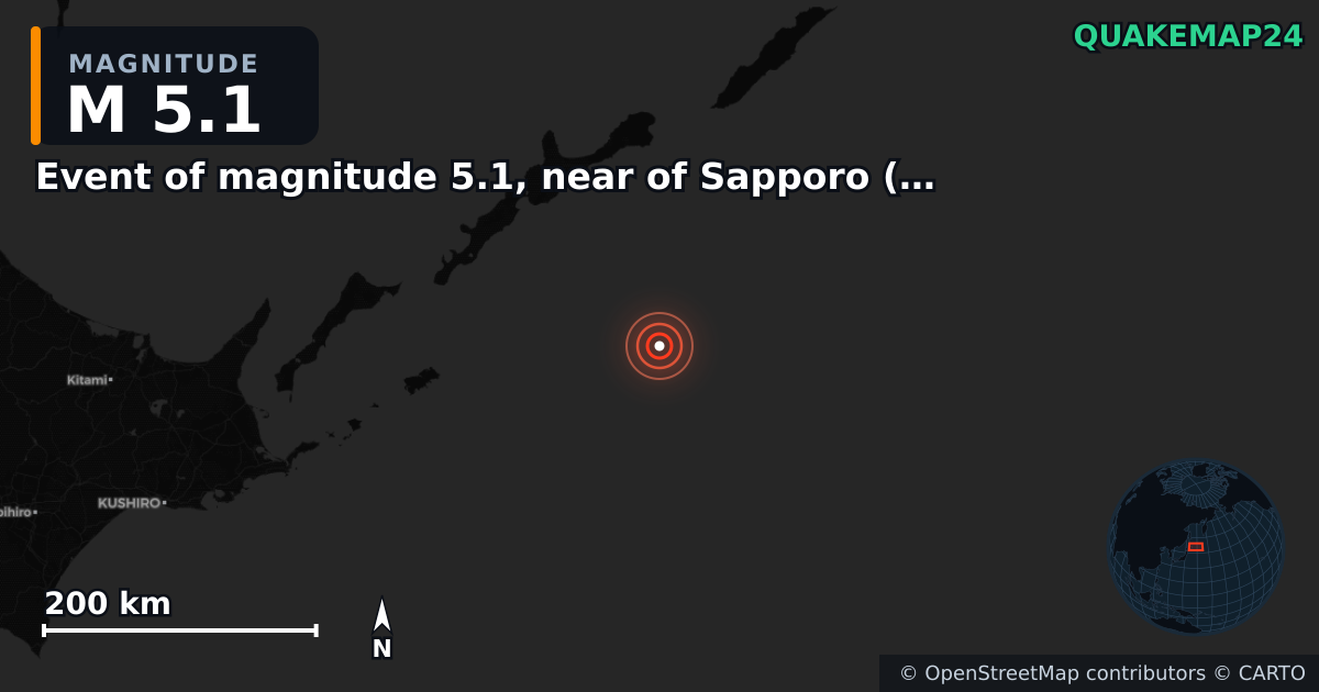 M5.1 earthquake near Event of magnitude 5.1, near of Sapporo (Monde) on Feb 13, 2026 — map of epicenter and shaking intensity | QuakeMap24