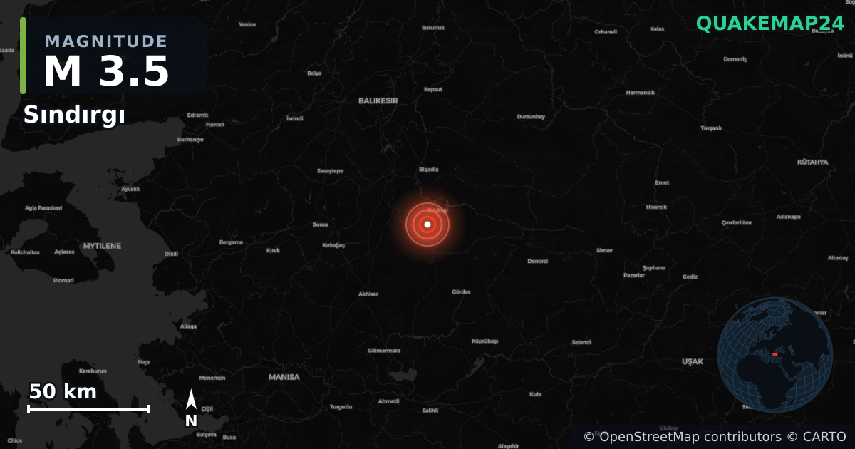 M3.5 earthquake near Sındırgı on Aug 10, 2025 — map of epicenter and shaking intensity | QuakeMap24