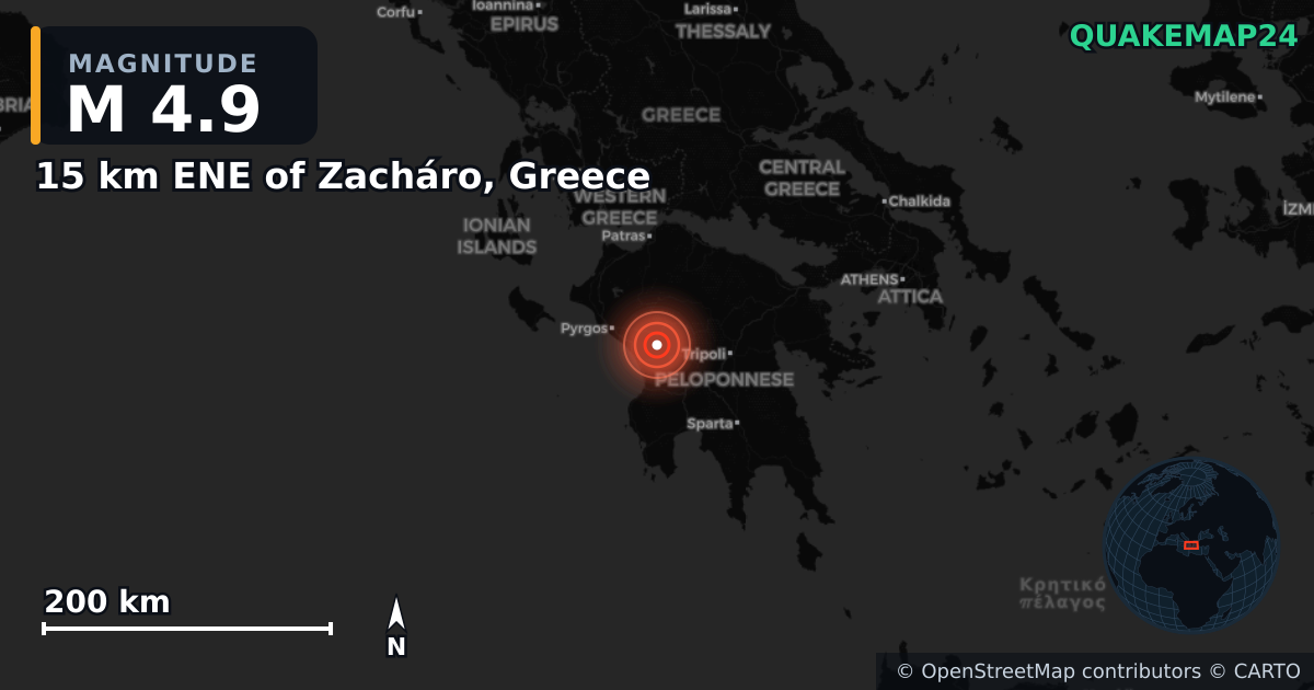M4.9 earthquake near 15 km ENE of Zacháro, Greece on Mar 9, 2025 — map of epicenter and shaking intensity | QuakeMap24