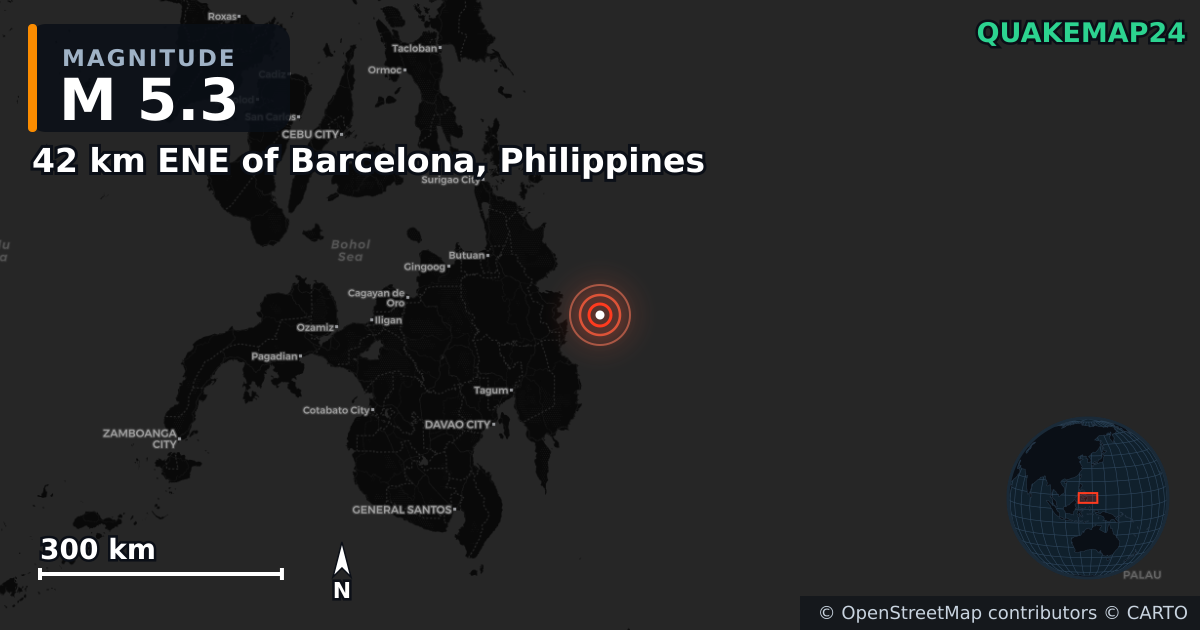 M5.3 earthquake near 42 km ENE of Barcelona, Philippines on Jun 17, 2025 — map of epicenter and shaking intensity | QuakeMap24