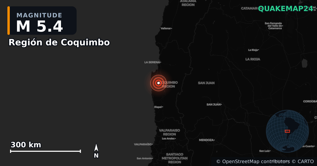 M5.4 earthquake near Región de Coquimbo on Oct 15, 2025 — map of epicenter and shaking intensity | QuakeMap24