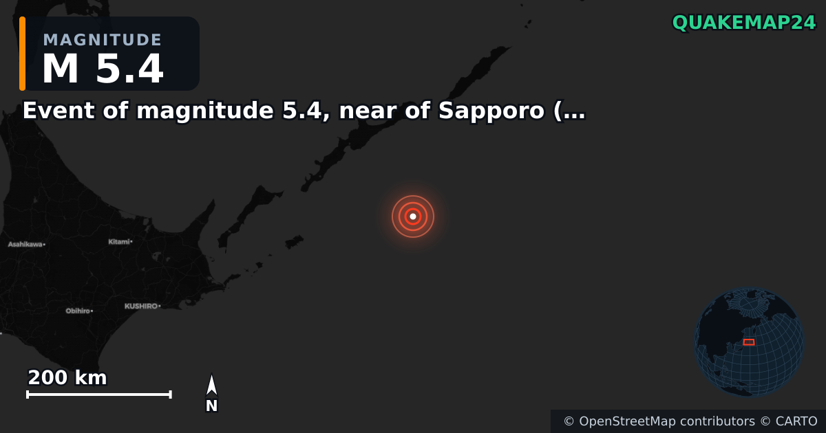 M5.4 earthquake near Event of magnitude 5.4, near of Sapporo (Monde) on Feb 12, 2026 — map of epicenter and shaking intensity | QuakeMap24
