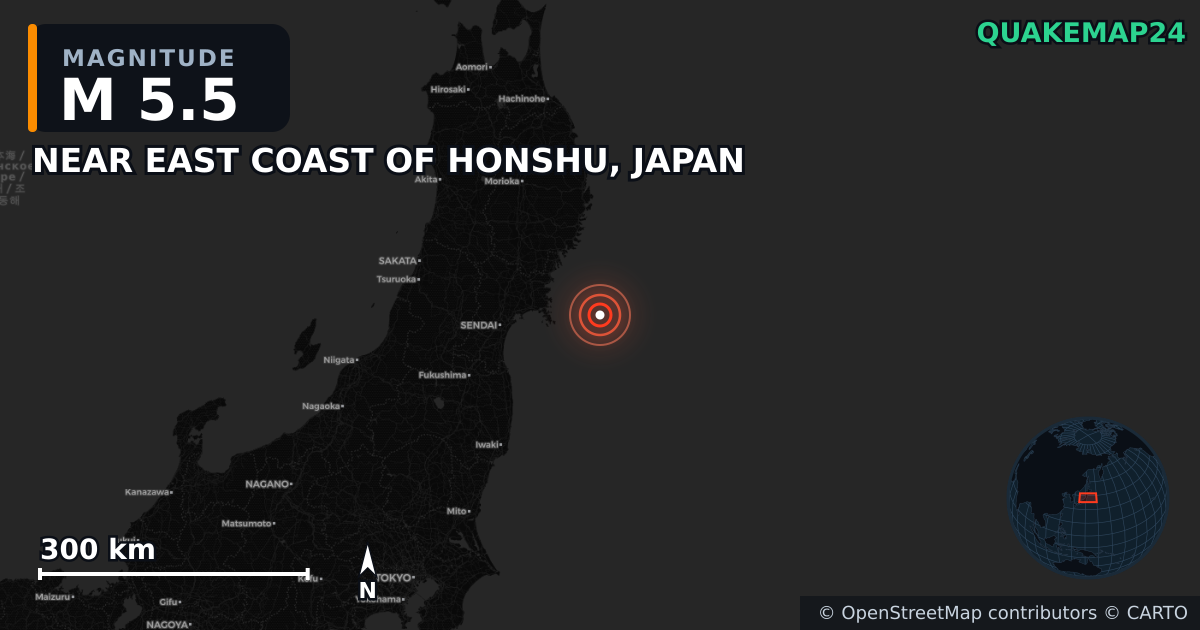 M5.5 earthquake near NEAR EAST COAST OF HONSHU, JAPAN on Aug 29, 2025 — map of epicenter and shaking intensity | QuakeMap24