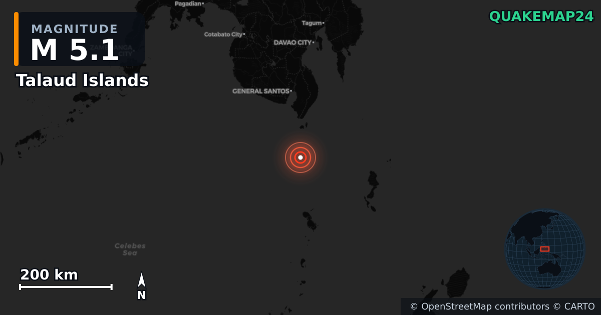 M5.1 earthquake near Talaud Islands on Jun 8, 2026 — map of epicenter and shaking intensity | QuakeMap24
