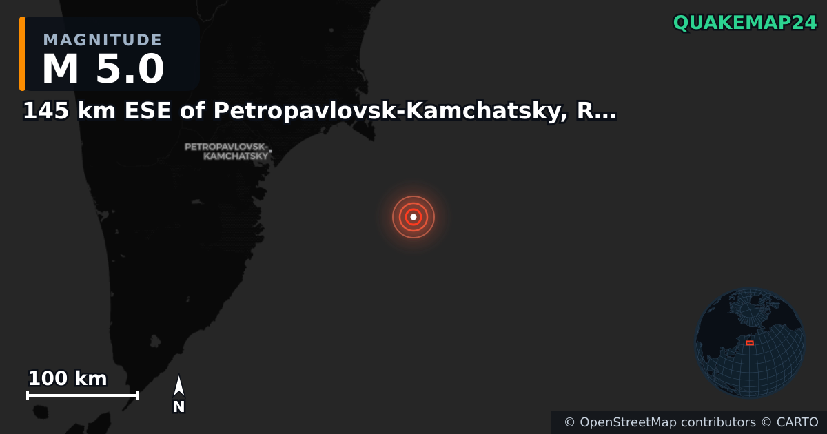 145 km ESE of Petropavlovsk-Kamchatsky, Russia yakınında M5,0 deprem — Deprem merkez üssünün konumunu gösteren harita