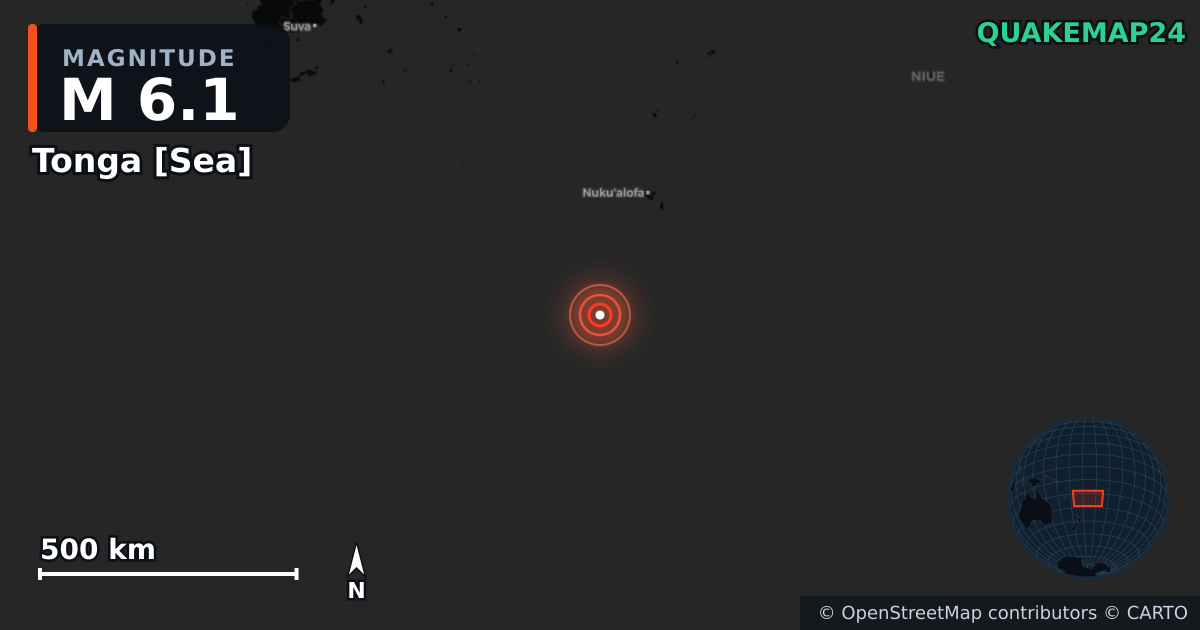 M6.1 earthquake near Tonga [Sea] on May 12, 2026 — map of epicenter and shaking intensity | QuakeMap24