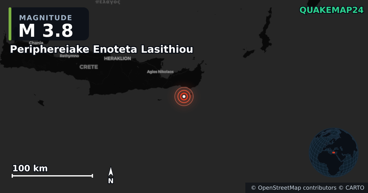 M3.8 earthquake near Periphereiake Enoteta Lasithiou on May 20, 2026 — map of epicenter and shaking intensity | QuakeMap24
