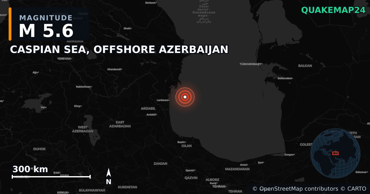 M5.6 earthquake near CASPIAN SEA, OFFSHORE AZERBAIJAN on Apr 8, 2026 — map of epicenter and shaking intensity | QuakeMap24