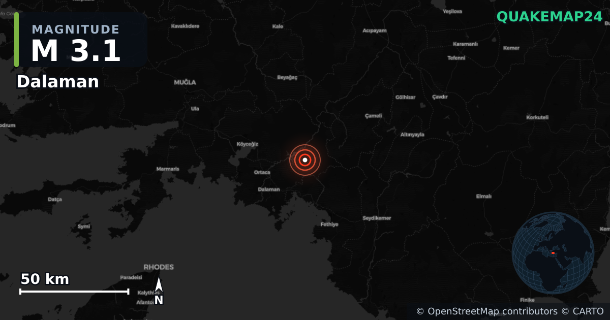 M3.1 earthquake near Dalaman on Sep 15, 2025 — map of epicenter and shaking intensity | QuakeMap24