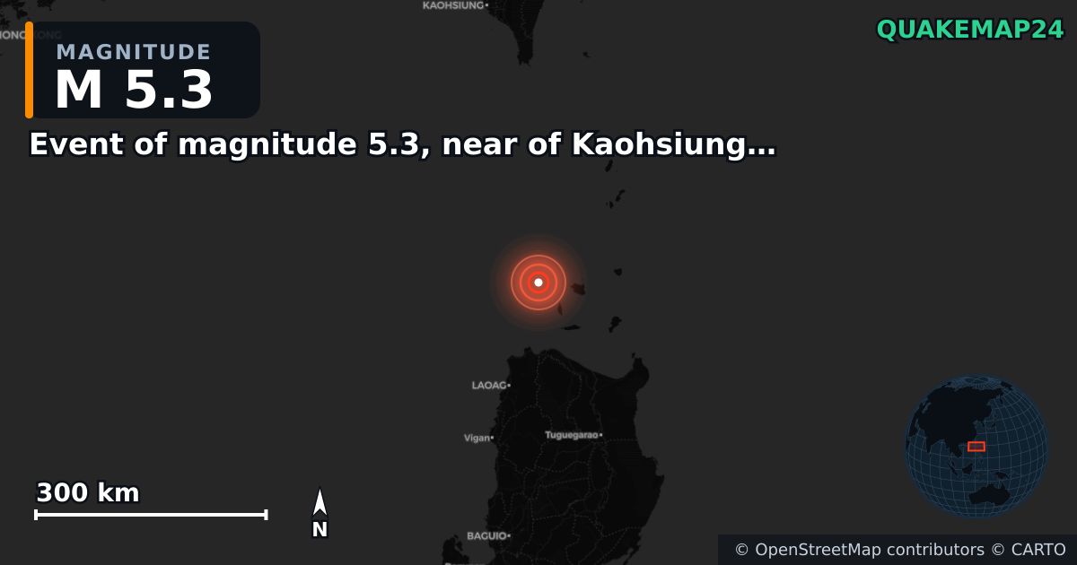 M5.3 earthquake near Event of magnitude 5.3, near of Kaohsiung (Monde) on Feb 22, 2026 — map of epicenter and shaking intensity | QuakeMap24