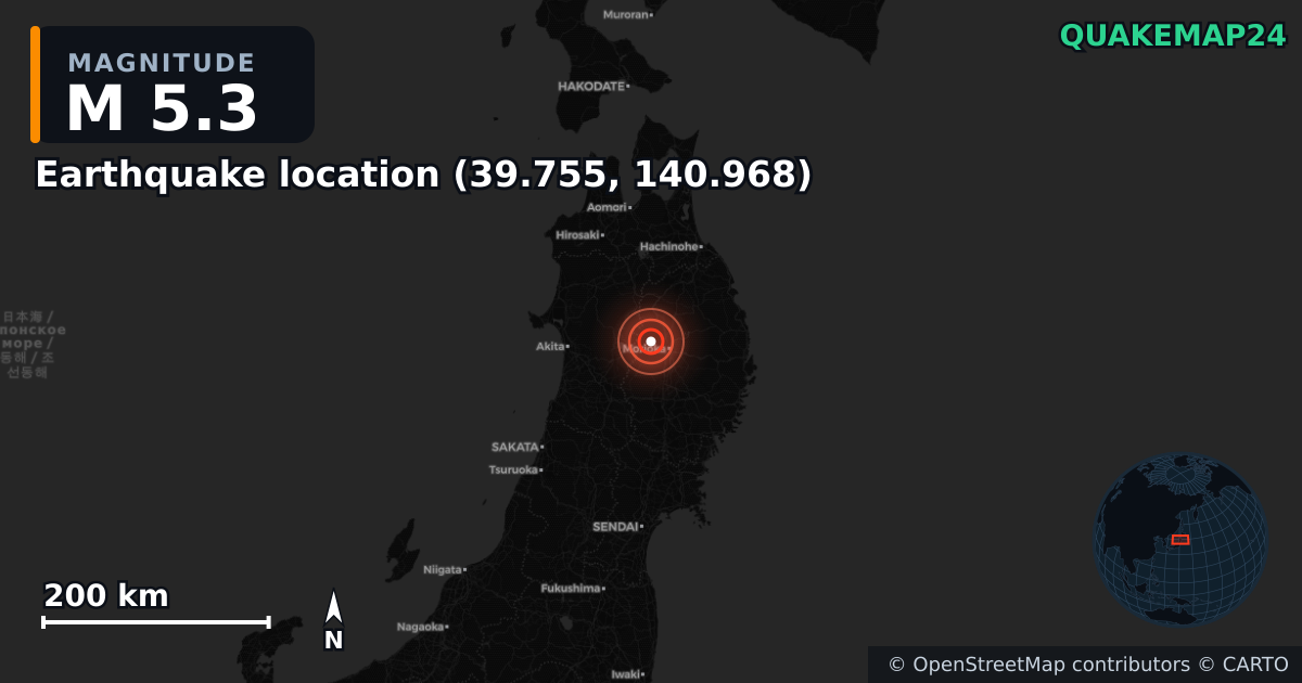 M5.3 earthquake near Deprem konumu (39.755, 140.968) on Mar 13, 2026 — map of epicenter and shaking intensity | QuakeMap24