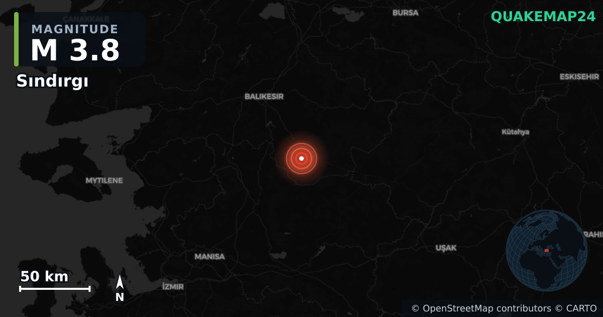 M3.8 earthquake near Sındırgı on Aug 19, 2025 — map of epicenter and shaking intensity | QuakeMap24