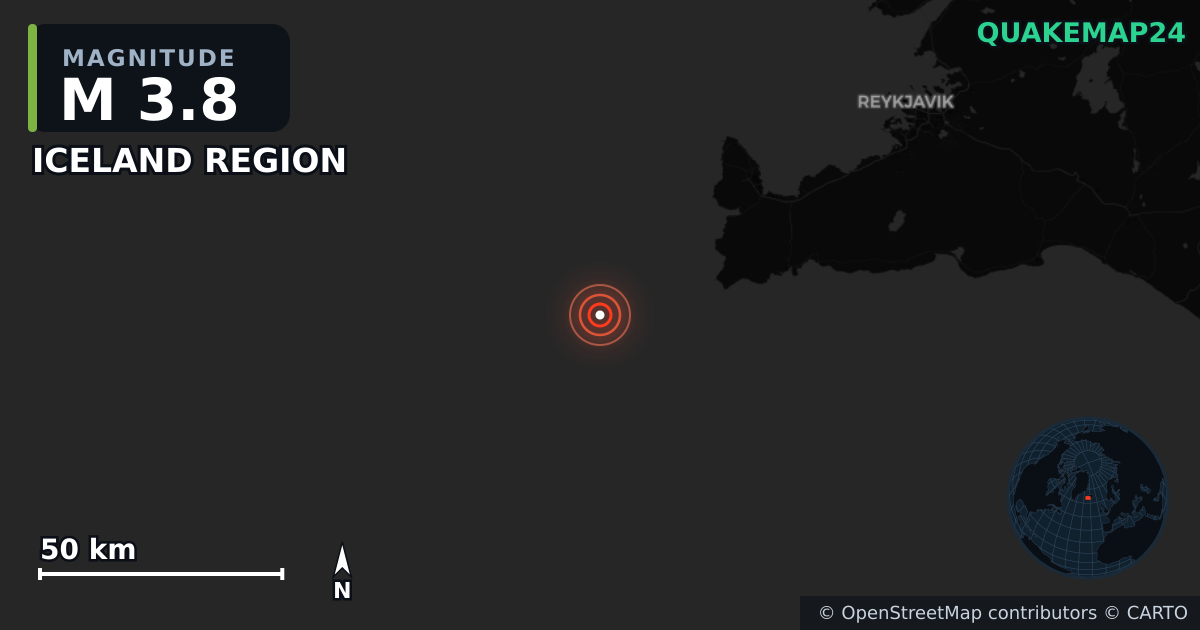 M3.8 earthquake near ICELAND REGION on May 24, 2025 — map of epicenter and shaking intensity | QuakeMap24