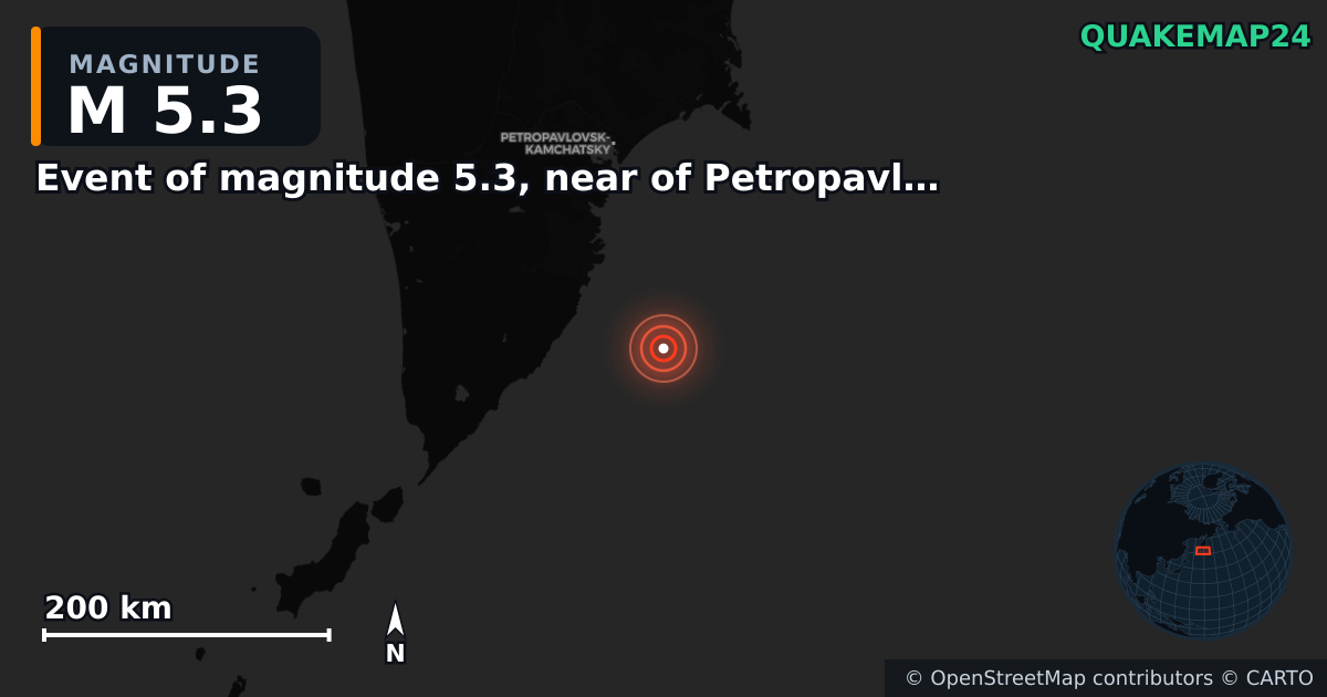 M5.3 earthquake near Event of magnitude 5.3, near of Petropavlovsk Kamchatskiy (Monde) on Dec 8, 2025 — map of epicenter and shaking intensity | QuakeMap24
