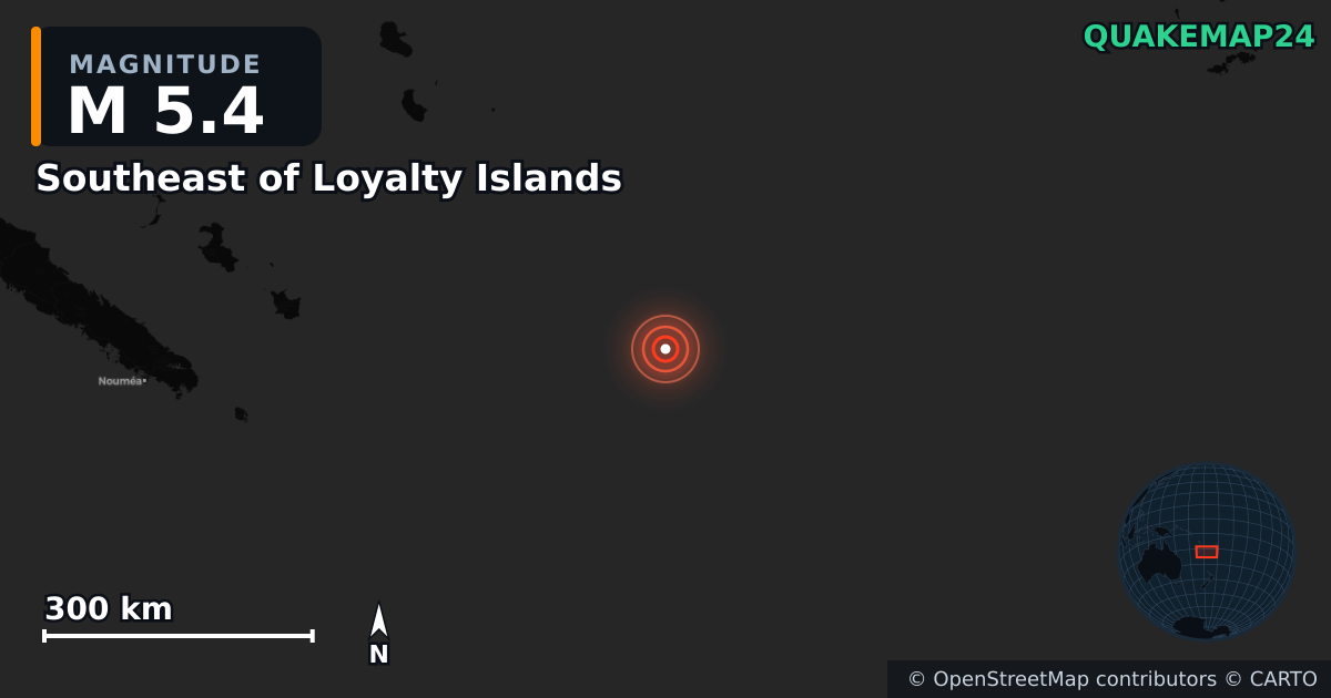 Erdbeben M5,4 bei Southeast of Loyalty Islands — Karte der Lage des Epizentrums