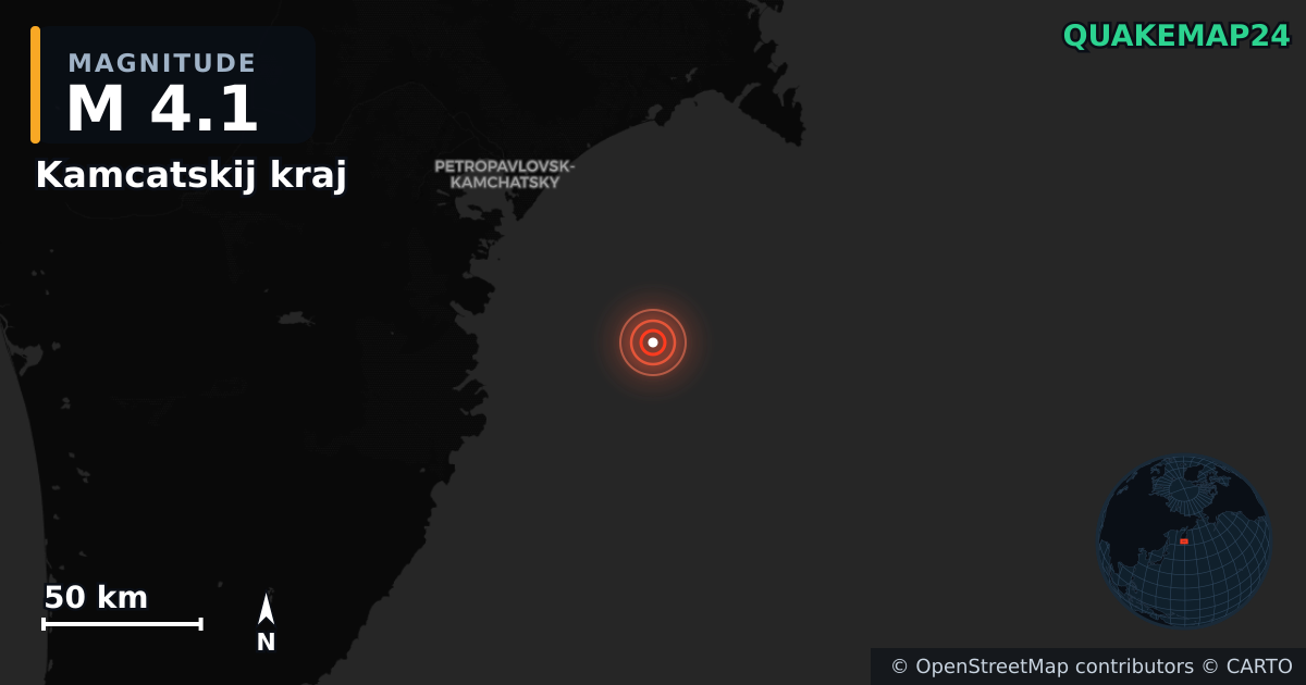 M4.1 earthquake near Kamcatskij kraj on Oct 25, 2025 — map of epicenter and shaking intensity | QuakeMap24