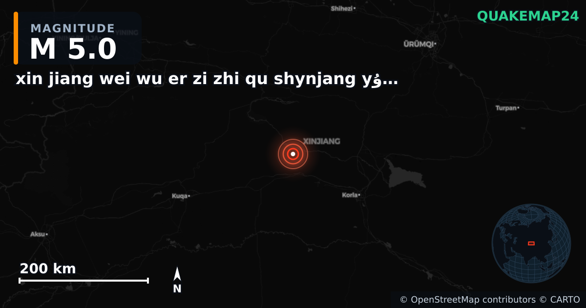 M5.0 earthquake near xin jiang wei wu er zi zhi qu shynjang yۇyghۇr yaptwnwm raywny on Jan 4, 2026 — map of epicenter and shaking intensity | QuakeMap24