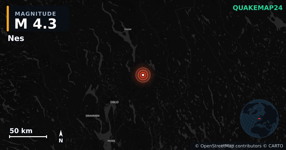 M4.3 earthquake near Nes on Apr 26, 2026 — map of epicenter and shaking intensity | QuakeMap24
