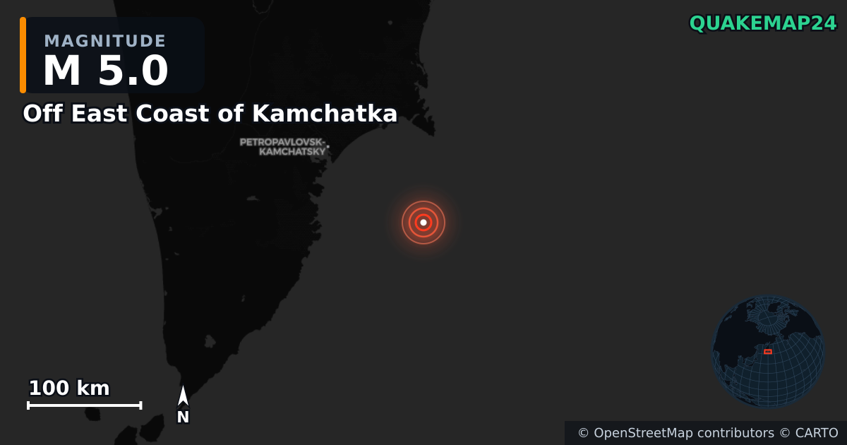 M5.0 earthquake near Off East Coast of Kamchatka on Jul 31, 2025 — map of epicenter and shaking intensity | QuakeMap24