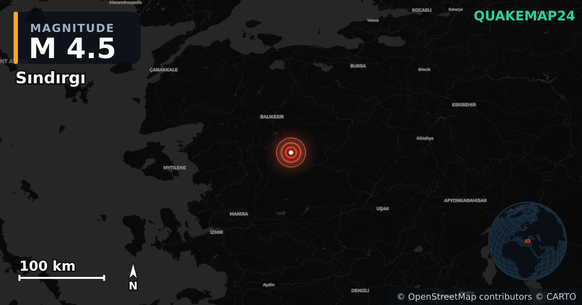 M4.5 earthquake near Sındırgı on Nov 10, 2025 — map of epicenter and shaking intensity | QuakeMap24