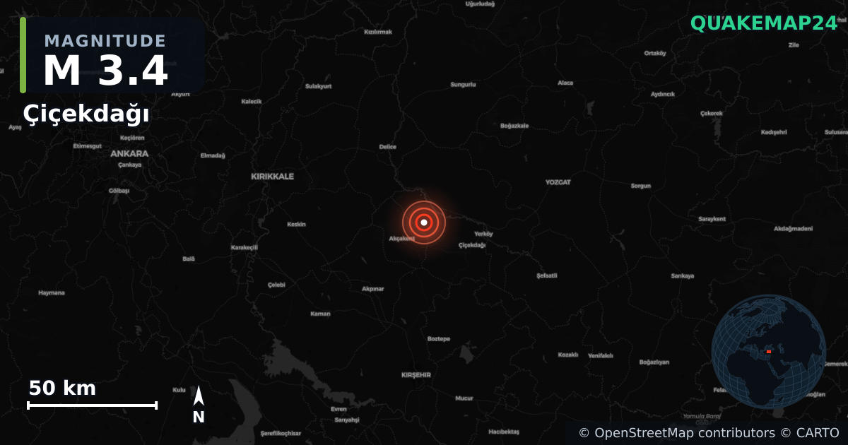 M3.4 earthquake near Çiçekdağı on Aug 1, 2026 — map of epicenter and shaking intensity | QuakeMap24