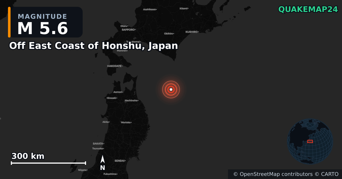 M5.6 earthquake near Off East Coast of Honshu, Japan on Dec 16, 2025 — map of epicenter and shaking intensity | QuakeMap24