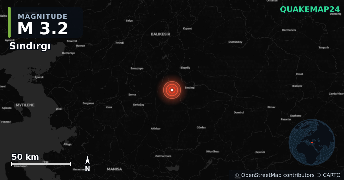 M3.2 earthquake near Sındırgı on Nov 9, 2025 — map of epicenter and shaking intensity | QuakeMap24