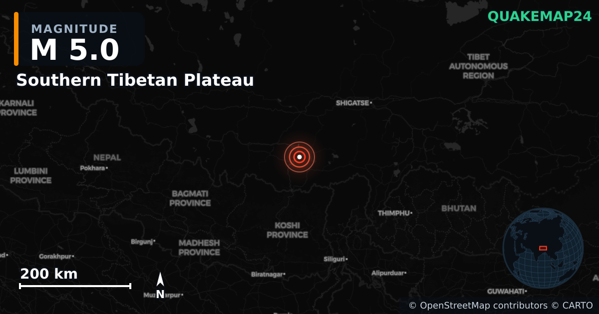 M5.0 earthquake near Southern Tibetan Plateau on Jan 20, 2025 — map of epicenter and shaking intensity | QuakeMap24
