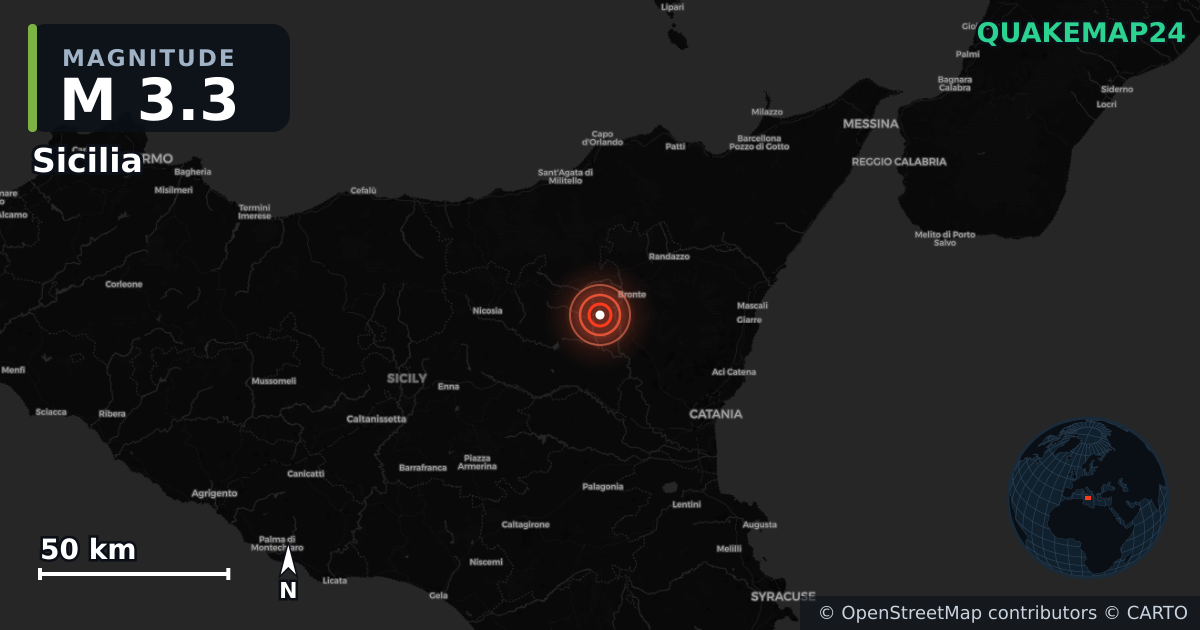 M3.3 earthquake near Sicilia on Oct 22, 2025 — map of epicenter and shaking intensity | QuakeMap24
