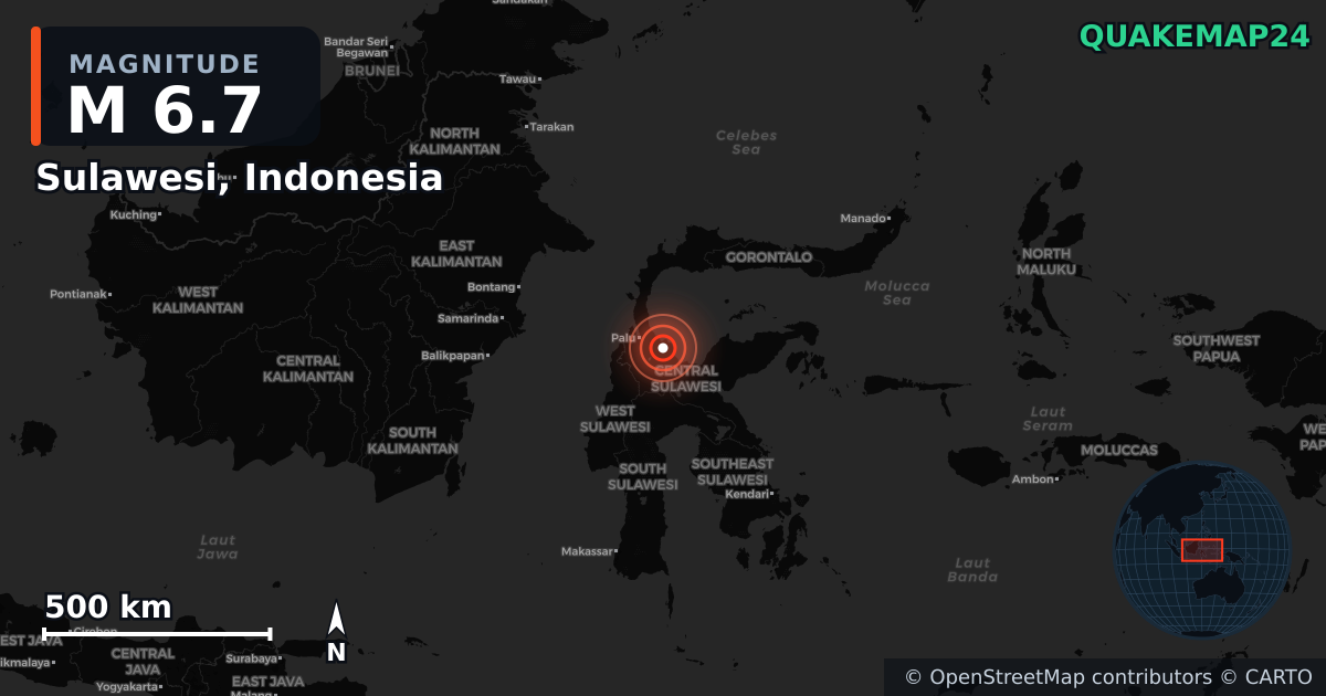M6.7 earthquake near Sulawesi, Indonesia on Jun 16, 2026 — map of epicenter and shaking intensity | QuakeMap24