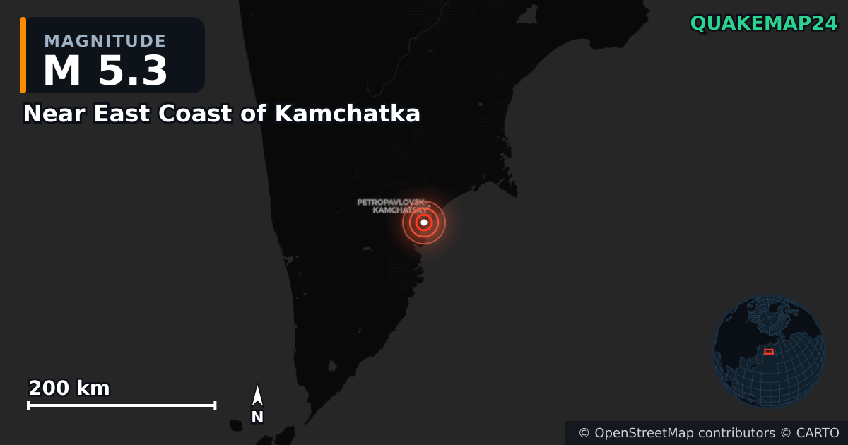M5.3 earthquake near Near East Coast of Kamchatka on Apr 25, 2026 — map of epicenter and shaking intensity | QuakeMap24