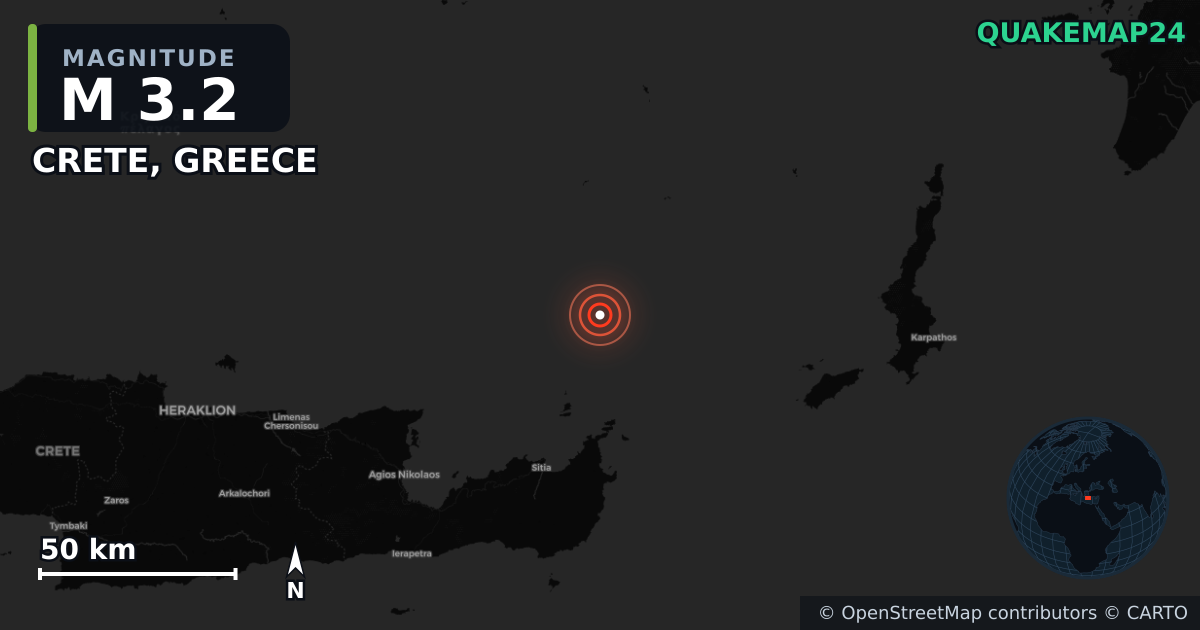 M3.2 earthquake near CRETE, GREECE on May 23, 2025 — map of epicenter and shaking intensity | QuakeMap24