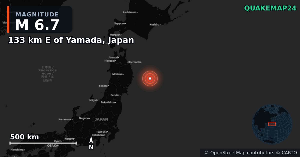 M6.7 earthquake near 133 km E of Yamada, Japan on Nov 9, 2025 — map of epicenter and shaking intensity | QuakeMap24