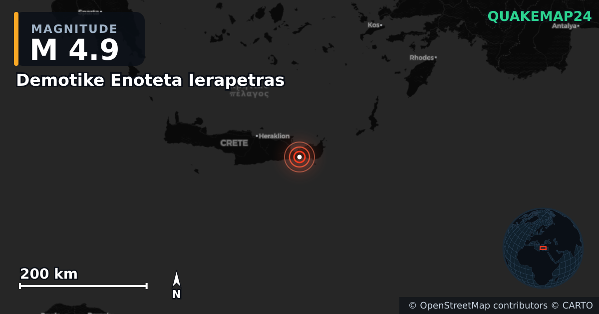 M4.9 earthquake near Demotike Enoteta Ierapetras on Apr 25, 2026 — map of epicenter and shaking intensity | QuakeMap24