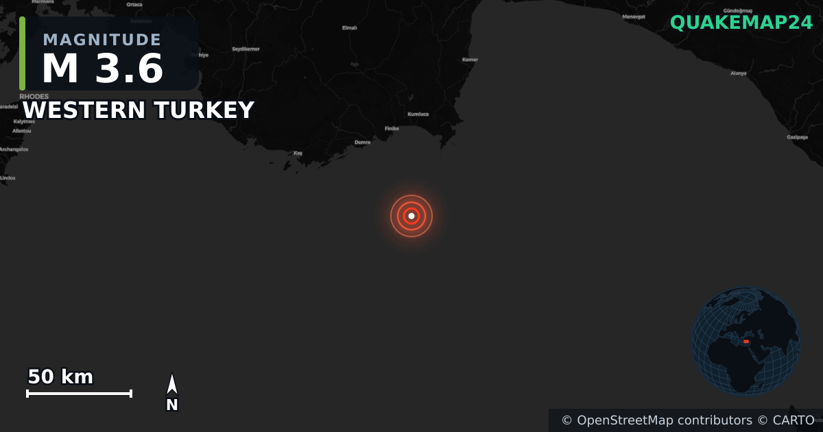 M3.6 earthquake near WESTERN TURKEY on May 9, 2026 — map of epicenter and shaking intensity | QuakeMap24
