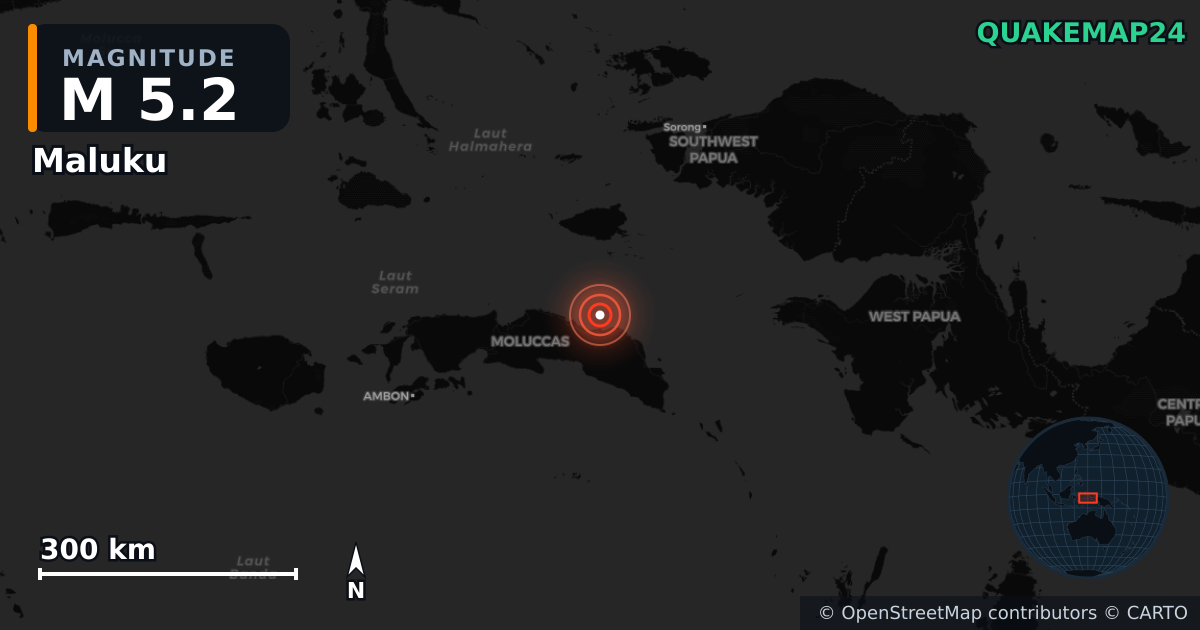 M5.2 earthquake near Maluku on Jul 31, 2026 — map of epicenter and shaking intensity | QuakeMap24