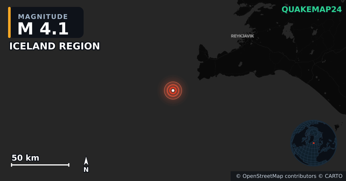 M4.1 earthquake near ICELAND REGION on May 24, 2025 — map of epicenter and shaking intensity | QuakeMap24