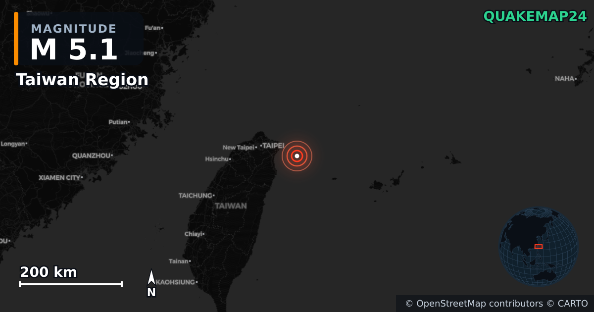 M5.1 earthquake near Taiwan Region on May 1, 2026 — map of epicenter and shaking intensity | QuakeMap24