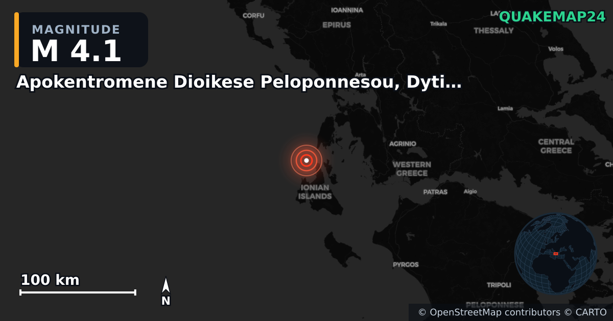 M4.1 earthquake near Apokentromene Dioikese Peloponnesou, Dytikes Elladas kai Ioniou on Sep 17, 2025 — map of epicenter and shaking intensity | QuakeMap24