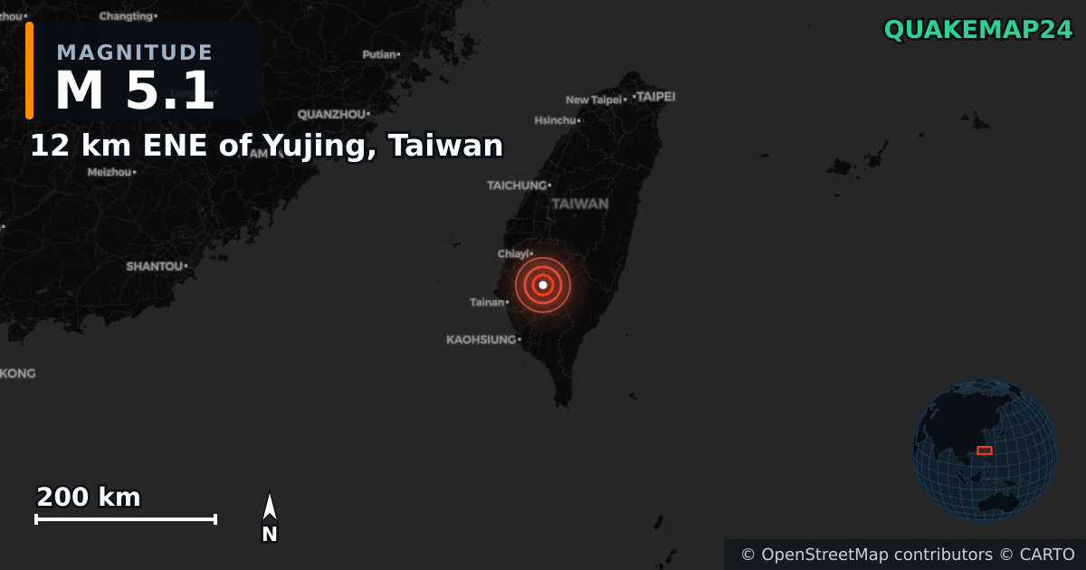 M5.1 earthquake near 12 km ENE of Yujing, Taiwan on Jan 30, 2025 — map of epicenter and shaking intensity | QuakeMap24