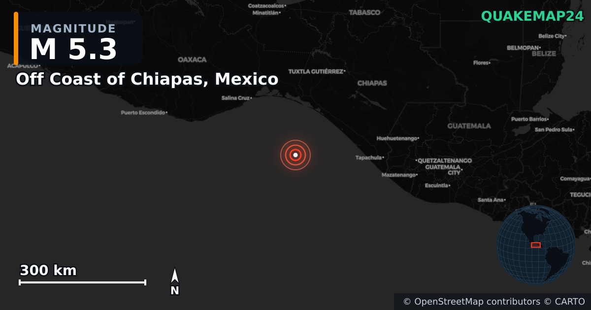 M5.3 earthquake near Off Coast of Chiapas, Mexico on Aug 11, 2025 — map of epicenter and shaking intensity | QuakeMap24