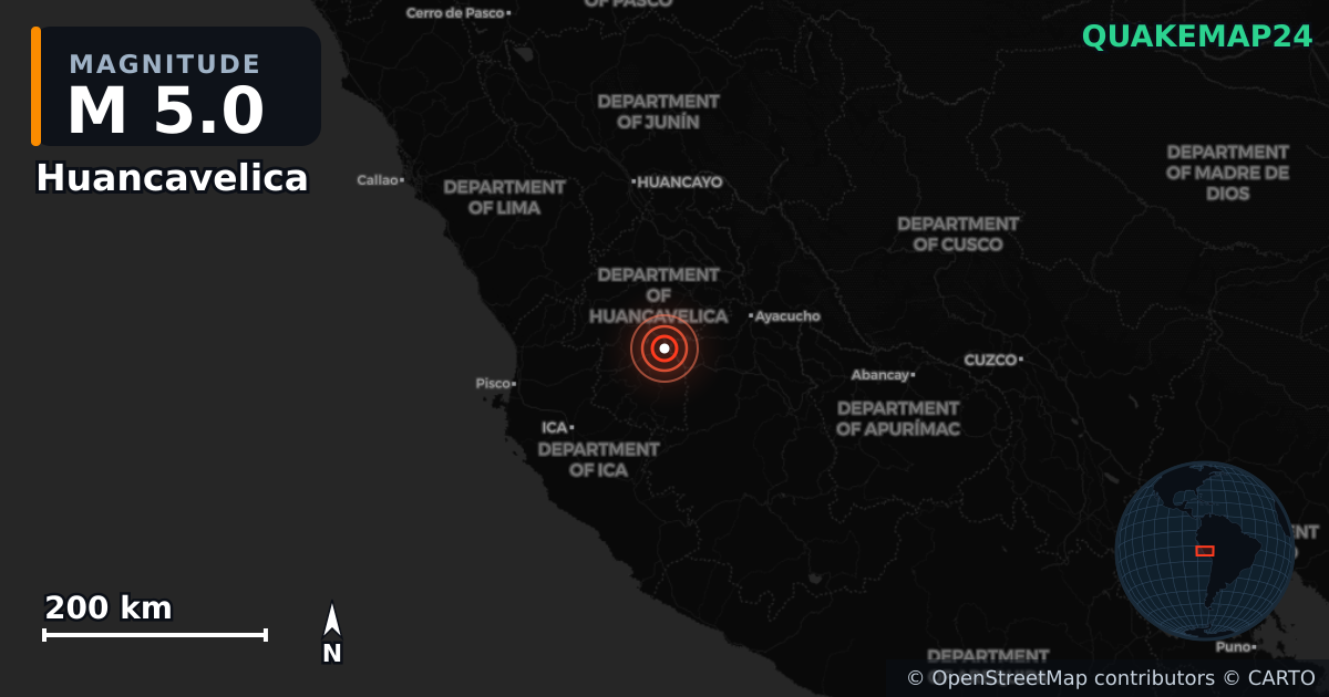 M5.0 earthquake near Huancavelica on Sep 15, 2025 — map of epicenter and shaking intensity | QuakeMap24