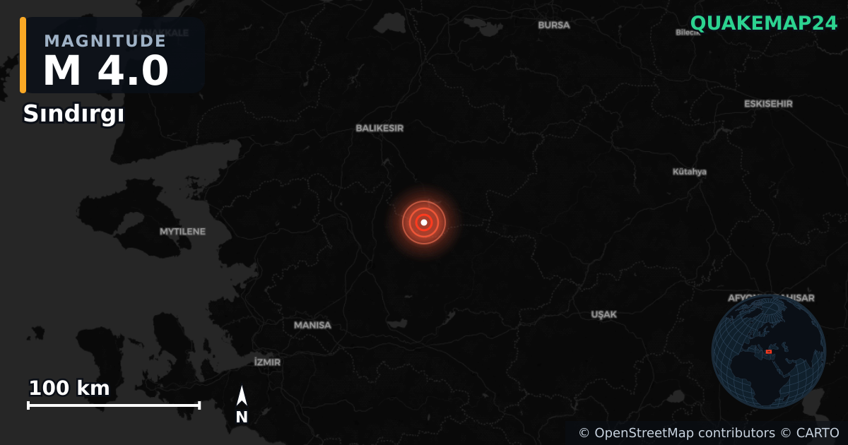 M4.0 earthquake near Sındırgı on Aug 16, 2025 — map of epicenter and shaking intensity | QuakeMap24