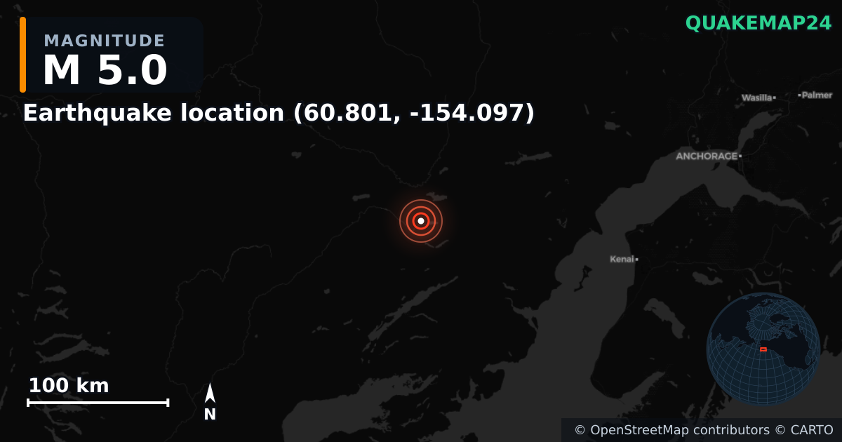 M5.0 earthquake near Ubicación del terremoto (60.801, -154.097) on Oct 30, 2025 — map of epicenter and shaking intensity | QuakeMap24