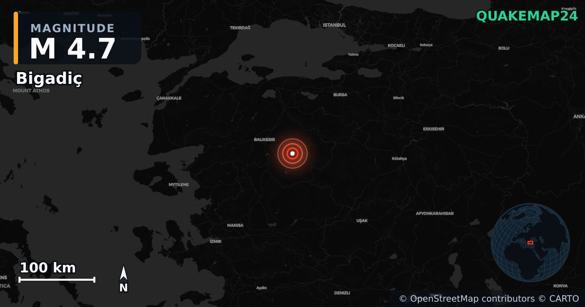 M4.7 earthquake near Bigadiç on Oct 28, 2025 — map of epicenter and shaking intensity | QuakeMap24