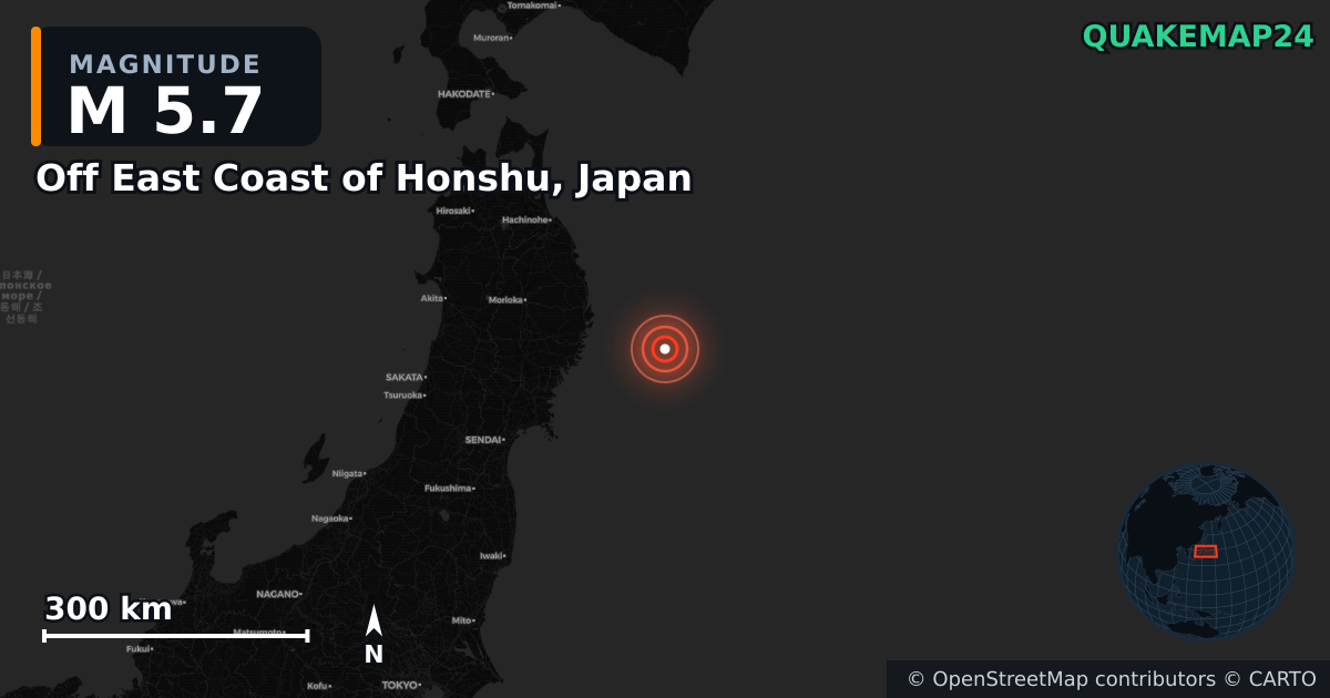 M5.7 earthquake near Off East Coast of Honshu, Japan on Nov 10, 2025 — map of epicenter and shaking intensity | QuakeMap24