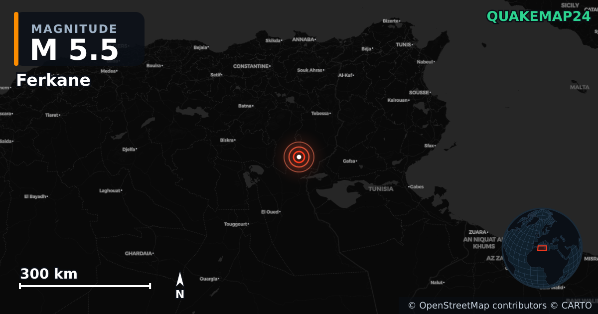 M5.5 earthquake near Ferkane on Aug 17, 2025 — map of epicenter and shaking intensity | QuakeMap24