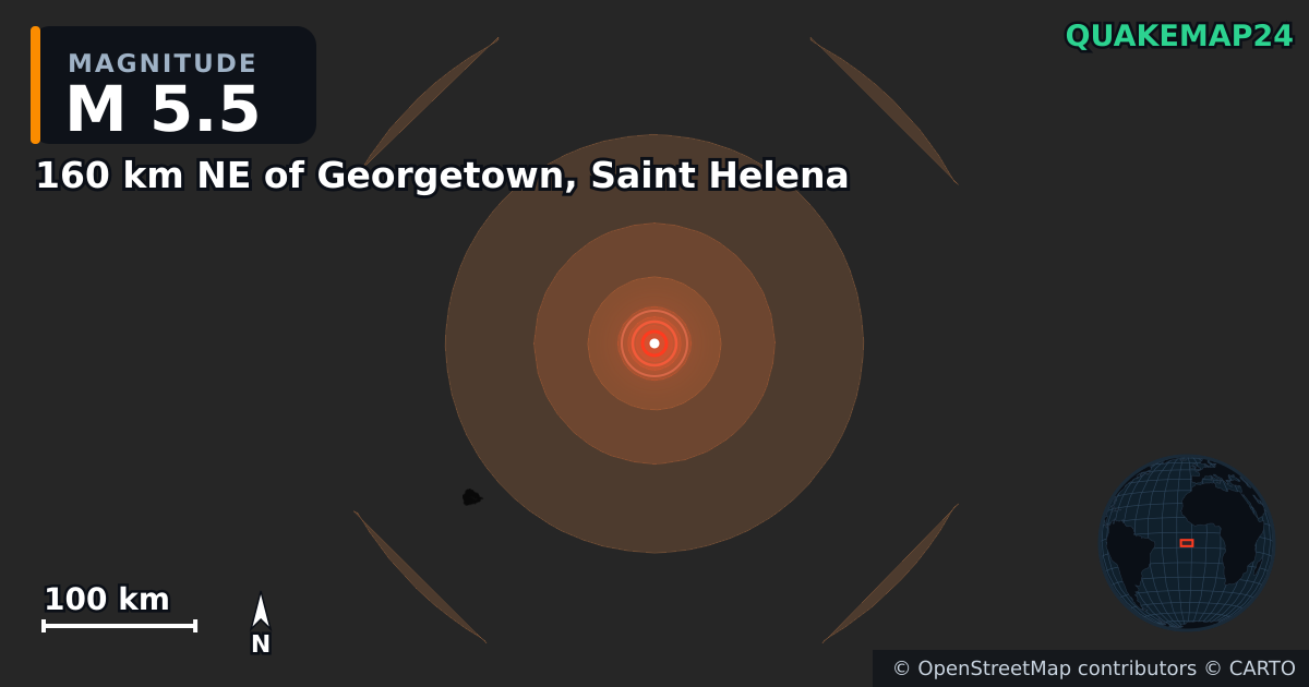 M5.5 earthquake near 160 km NE of Georgetown, Saint Helena on Jun 20, 2026 — map of epicenter and shaking intensity | QuakeMap24