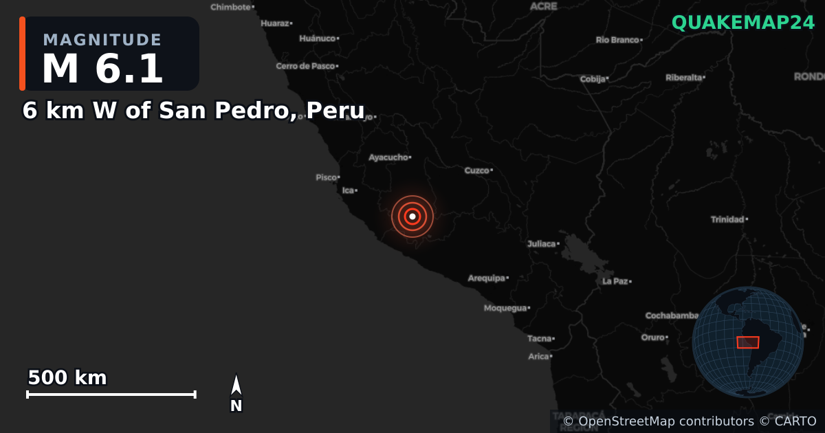 M6.1 earthquake near 6 km W of San Pedro, Peru on May 17, 2025 — map of epicenter and shaking intensity | QuakeMap24