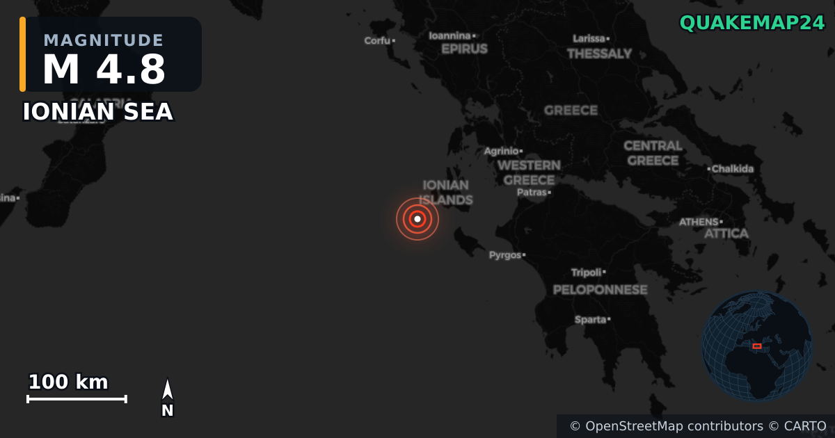 Erdbeben M4,8 bei IONIAN SEA · 2025-06-21 — Karte der Lage des Epizentrums